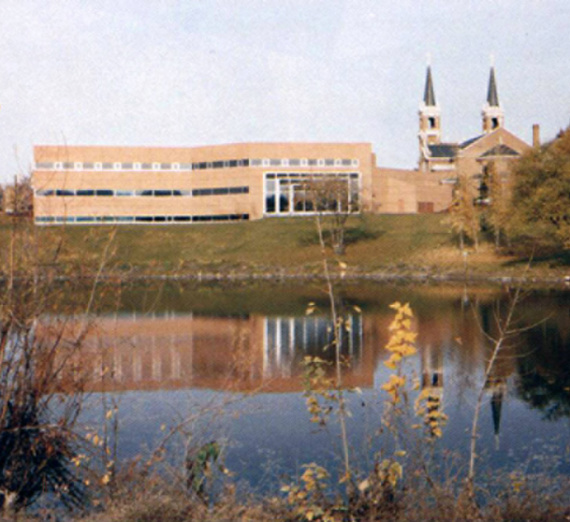 An aerial view of campus showing College Hall and the Spires of St. Aloysious